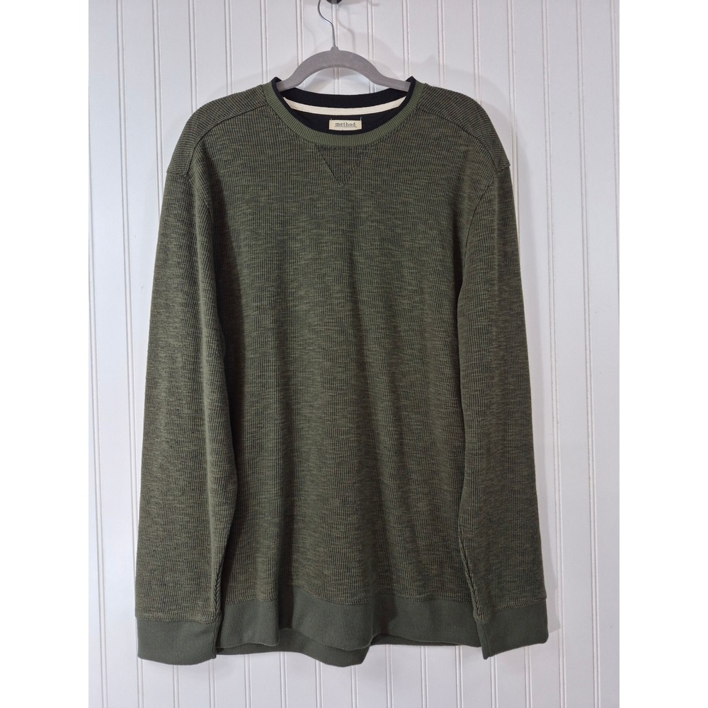 Method Mens Green Waffle Knit Crewneck Sweatshirt Thermal Pullover Large Cozy